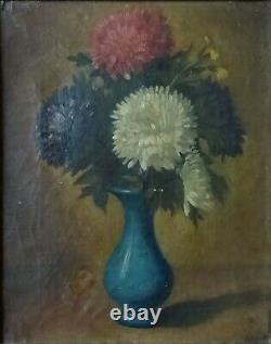 Impressionist Painting Old Oil On Canvas Flowers Vase XIX Century