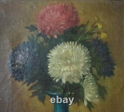 Impressionist Painting Old Oil On Canvas Flowers Vase XIX Century