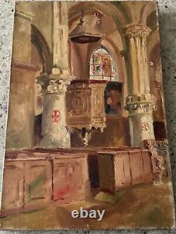 Interior painting of church, oil on old canvas