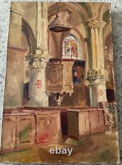 Interior painting of church, oil on old canvas