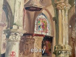 Interior painting of church, oil on old canvas