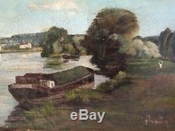 Jean Joveneau Xix-xx ° S Oil On Canvas Barge Bien Hoa Old Old Oil 55x38