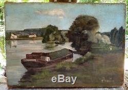 Jean Joveneau Xix-xx ° S Oil On Canvas Barge Bien Hoa Old Old Oil 55x38