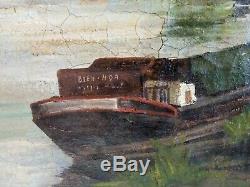Jean Joveneau Xix-xx ° S Oil On Canvas Barge Bien Hoa Old Old Oil 55x38