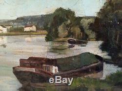 Jean Joveneau Xix-xx ° S Oil On Canvas Barge Bien Hoa Old Old Oil 55x38