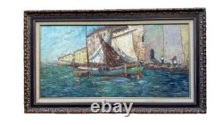 Joseph HURARD (1887-1956) Old painting signed Oil on panel Landscape Boats sea