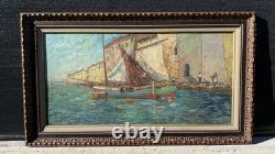 Joseph HURARD (1887-1956) Old painting signed Oil on panel Landscape Boats sea