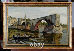 Joseph Hurard (1887-1956) Le Pont D'avignon Oil On Pannel Ancien Table