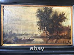 Lakeside Landscape/Characters Large oil on old Flemish canvas