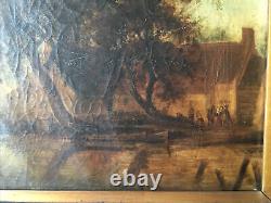 Lakeside Landscape/Characters Large oil on old Flemish canvas