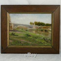 Landscape At The Eiffel Bridge Oil On Cardboard Ch Cadoret 1900 Old Painting Table