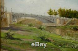 Landscape At The Eiffel Bridge Oil On Cardboard Ch Cadoret 1900 Old Painting Table