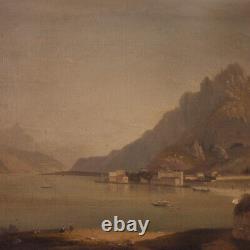 Landscape Lake View Old Painting Oil On Canvas Painting Frame 19th Century