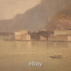 Landscape Lake View Old Painting Oil On Canvas Painting Frame 19th Century