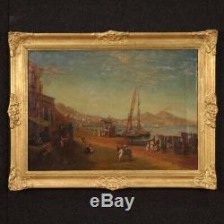 Landscape Marine Paint Picture Old Style Oil On Canvas Naples Port 900