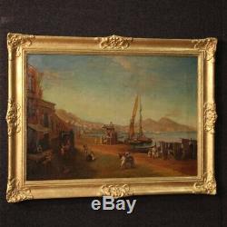 Landscape Marine Paint Picture Old Style Oil On Canvas Naples Port 900