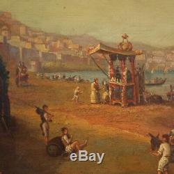 Landscape Marine Paint Picture Old Style Oil On Canvas Naples Port 900