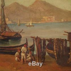 Landscape Marine Paint Picture Old Style Oil On Canvas Naples Port 900