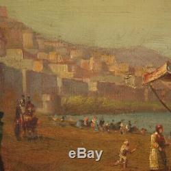 Landscape Marine Paint Picture Old Style Oil On Canvas Naples Port 900