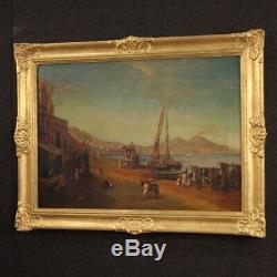 Landscape Marine Paint Picture Old Style Oil On Canvas Naples Port 900