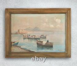 Landscape Of The Gulf Of Naples, Ancient Oil Painting On Canvas Signed