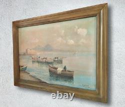 Landscape Of The Gulf Of Naples, Ancient Oil Painting On Canvas Signed