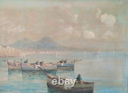 Landscape Of The Gulf Of Naples, Ancient Oil Painting On Canvas Signed