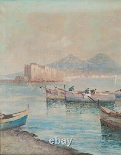 Landscape Of The Gulf Of Naples, Ancient Oil Painting On Canvas Signed