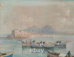 Landscape Of The Gulf Of Naples, Ancient Oil Painting On Canvas Signed