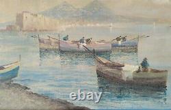 Landscape Of The Gulf Of Naples, Ancient Oil Painting On Canvas Signed