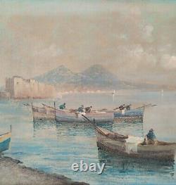 Landscape Of The Gulf Of Naples, Ancient Oil Painting On Canvas Signed