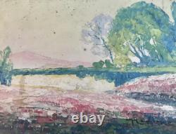 Landscape Oil on Cardboard Signed Bruyères En Fleur Circa 1930 Vintage Antique