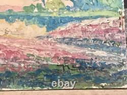 Landscape Oil on Cardboard Signed Bruyères En Fleur Circa 1930 Vintage Antique
