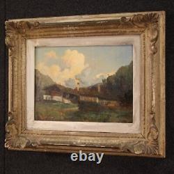 Landscape mountain painting signed in oil on masonite with antique style frame
