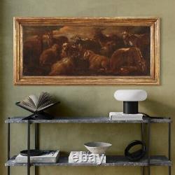 Landscape painting tableau ancient oil on canvas goats animals 17th century