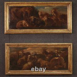 Landscape painting tableau ancient oil on canvas goats animals 17th century