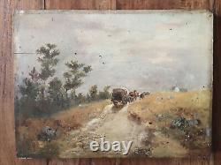 Landscape with Cart, Old Oil on Wood Painting, Signed