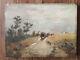 Landscape With Cart, Old Oil On Wood Painting, Signed