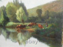 Large Ancient Oil Painting Table School of Barbizon Cow cf Rousseau 19th Century