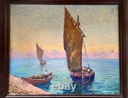 Large Ancient Oil Painting on Wood Seaside Boats ROUX-ABOUGIT