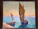 Large Ancient Oil Painting On Wood Seaside Boats Roux-abougit