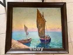 Large Ancient Oil Painting on Wood Seaside Boats ROUX-ABOUGIT