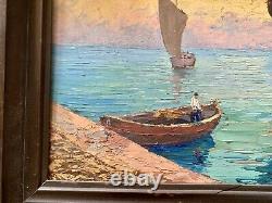 Large Ancient Oil Painting on Wood Seaside Boats ROUX-ABOUGIT