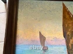 Large Ancient Oil Painting on Wood Seaside Boats ROUX-ABOUGIT