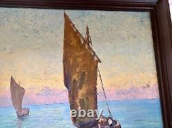 Large Ancient Oil Painting on Wood Seaside Boats ROUX-ABOUGIT