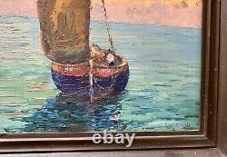 Large Ancient Oil Painting on Wood Seaside Boats ROUX-ABOUGIT