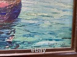 Large Ancient Oil Painting on Wood Seaside Boats ROUX-ABOUGIT