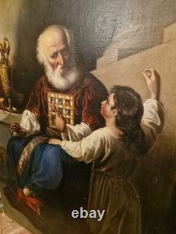 Large Format Old Painting Oil on Canvas Eli and Samuel 19th Century