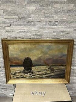 Large Marine Table Ancient Oil On Canvas XIX Eme