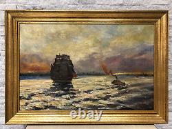 Large Marine Table Ancient Oil On Canvas XIX Eme